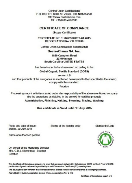 organic doubleknit certification